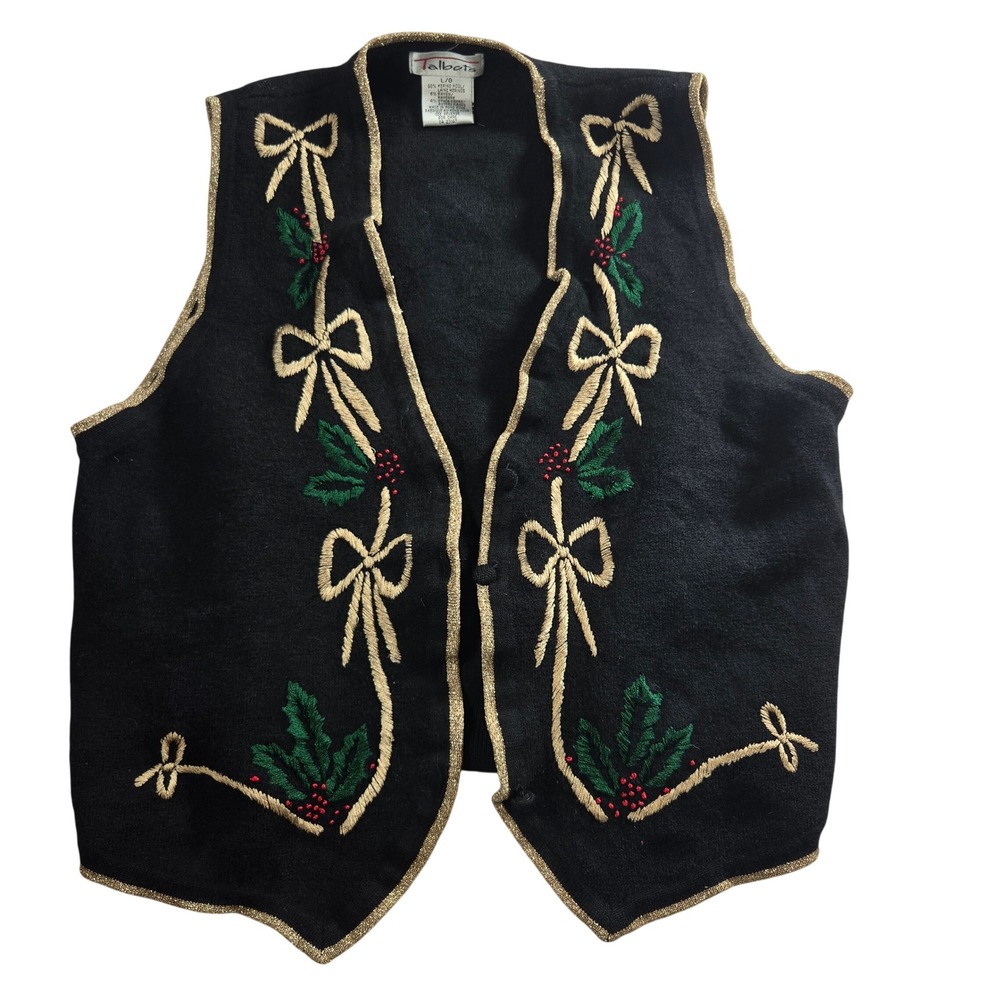 Talbots Vintage Christmas Vest Size Large Black Merino Wool Embroidered Holly